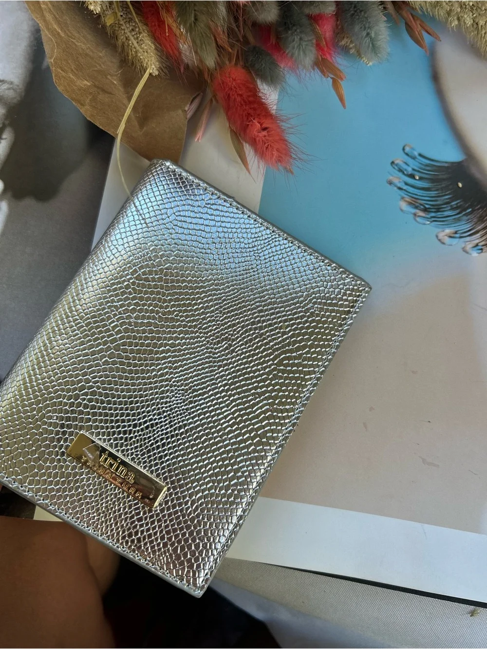 Trina Metallic Silver Textured Passport Wallet with Gold Plaque new
